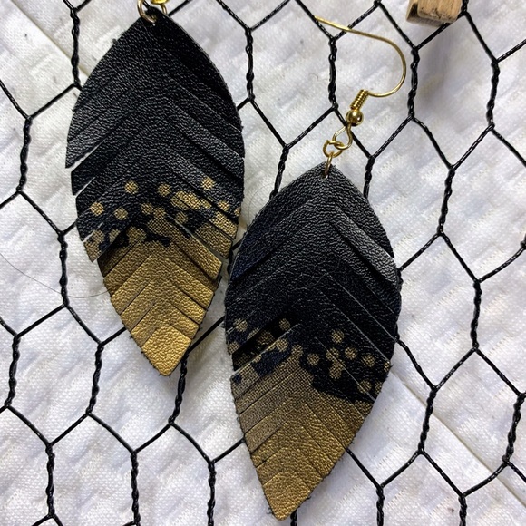 Handmade Gold &Black Leather Feathered Earrings - Picture 1 of 4